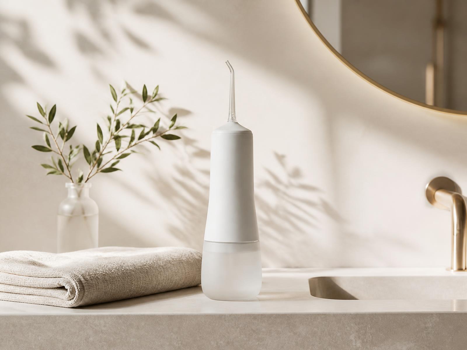 FLOA water flosser resting on a warm ivory bathroom vanity